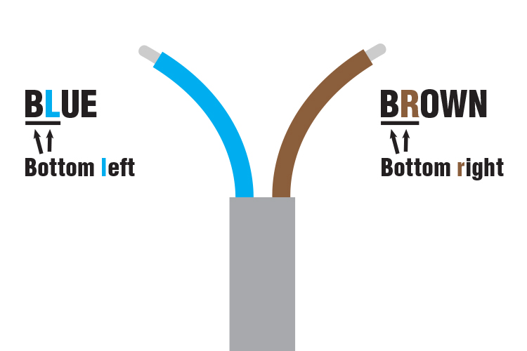 The blue wire goes to bottom left the brown wire to bottom right.